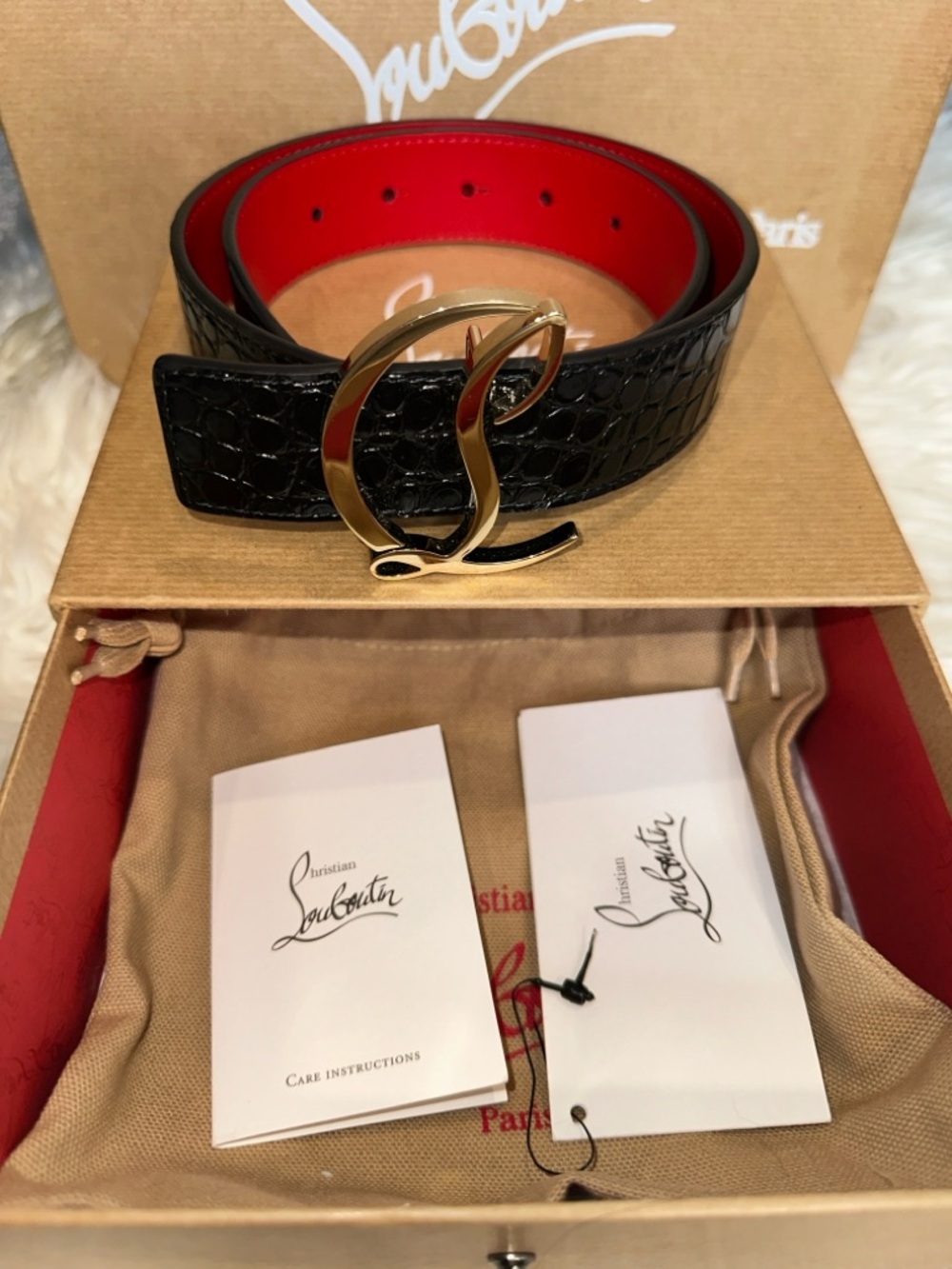 Christian Louboutin Black Croc-Embossed Leather Belt with Gold Logo Buckle